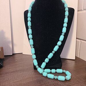 Turquoise Blue Barrel‎ Bead Necklace Silver Accents Long Fashion Jewelry